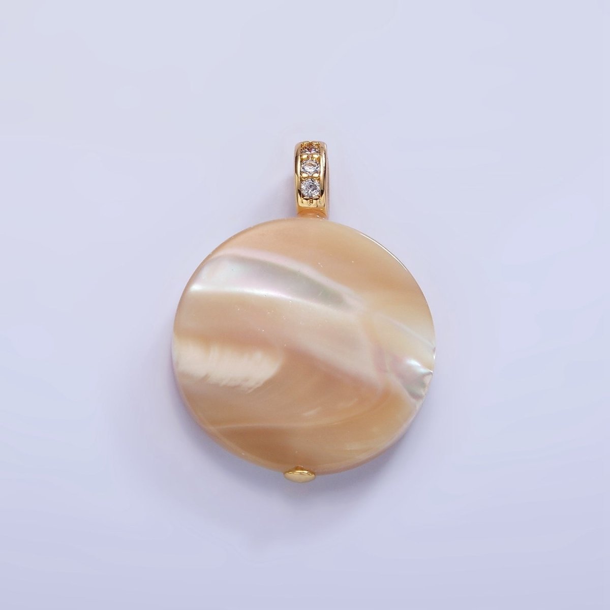 16K Gold Filled 27mm Peach White Shell Pearl Flat Round Micro Paved CZ Pendant | P1747 - DLUXCA