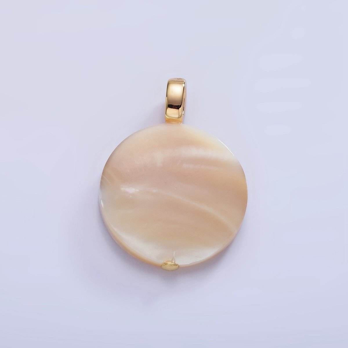 16K Gold Filled 27mm Peach White Shell Pearl Flat Round Micro Paved CZ Pendant | P1747 - DLUXCA