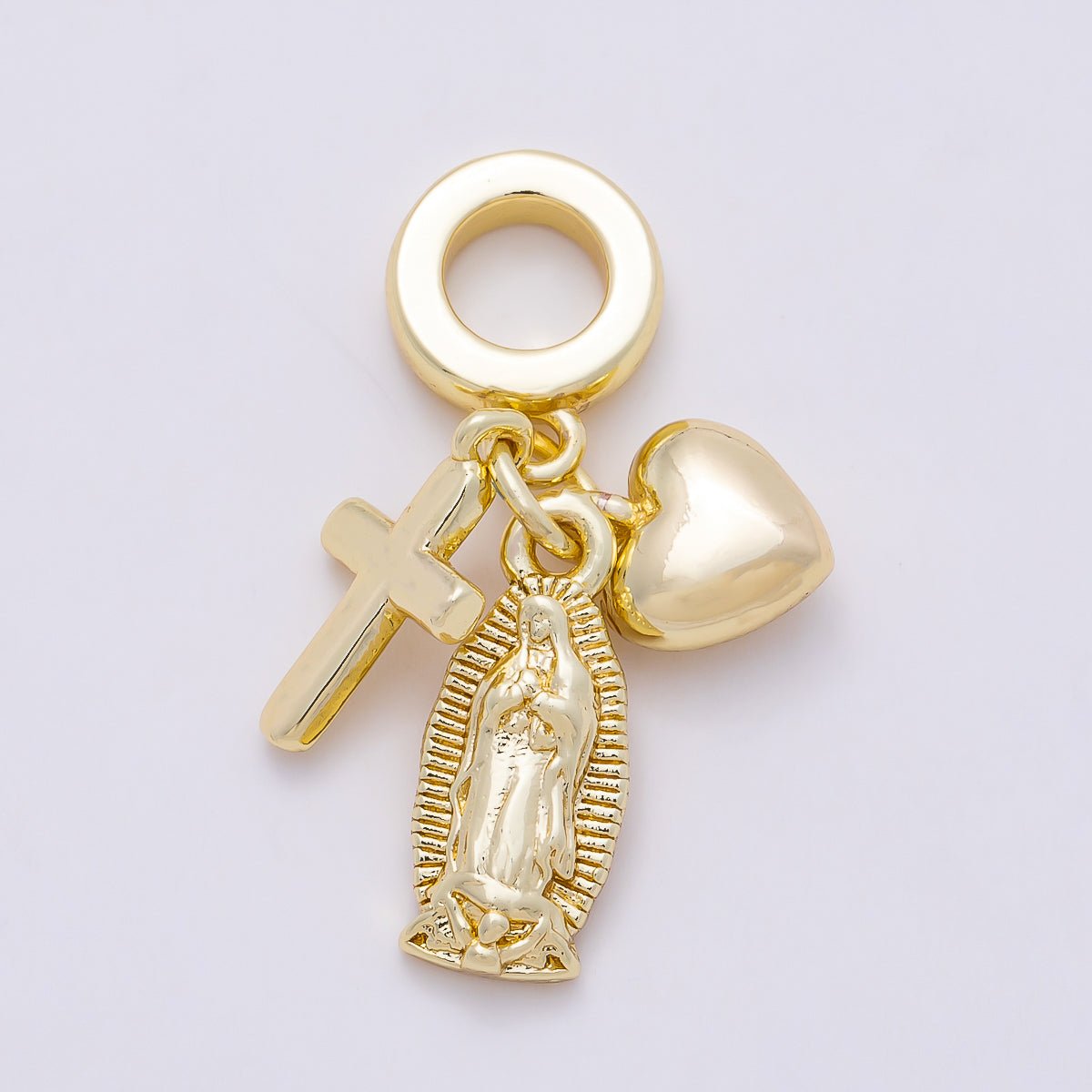 16K Gold Filled 27mm Religious Chubby Heart Cross Mother Mary Sunburst Drop Rondelle Pendant | Charms-01155 - DLUXCA