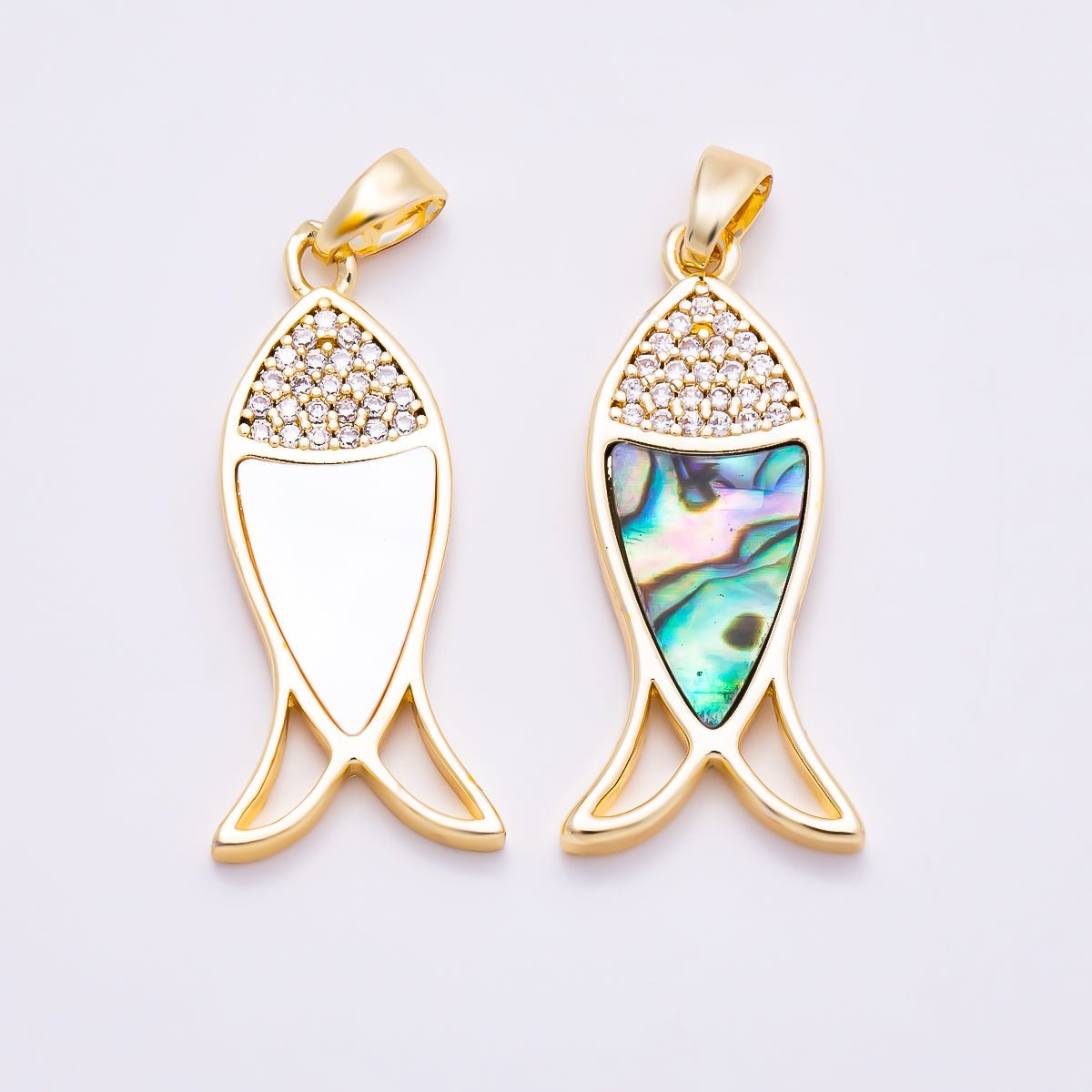 16K Gold Filled 28mm Shell Pearl, Abalone Micro Paved CZ Fish Pendant | Charms-02019 Charms-02020 - DLUXCA