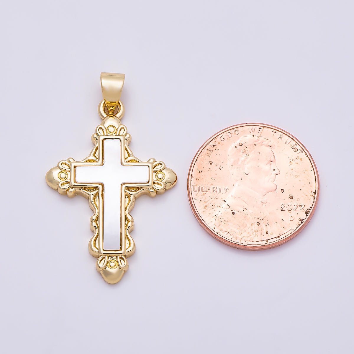 16K Gold Filled 28mm Shell Pearl Artisan Religious Cross Pendant | Charms-01311 - DLUXCA