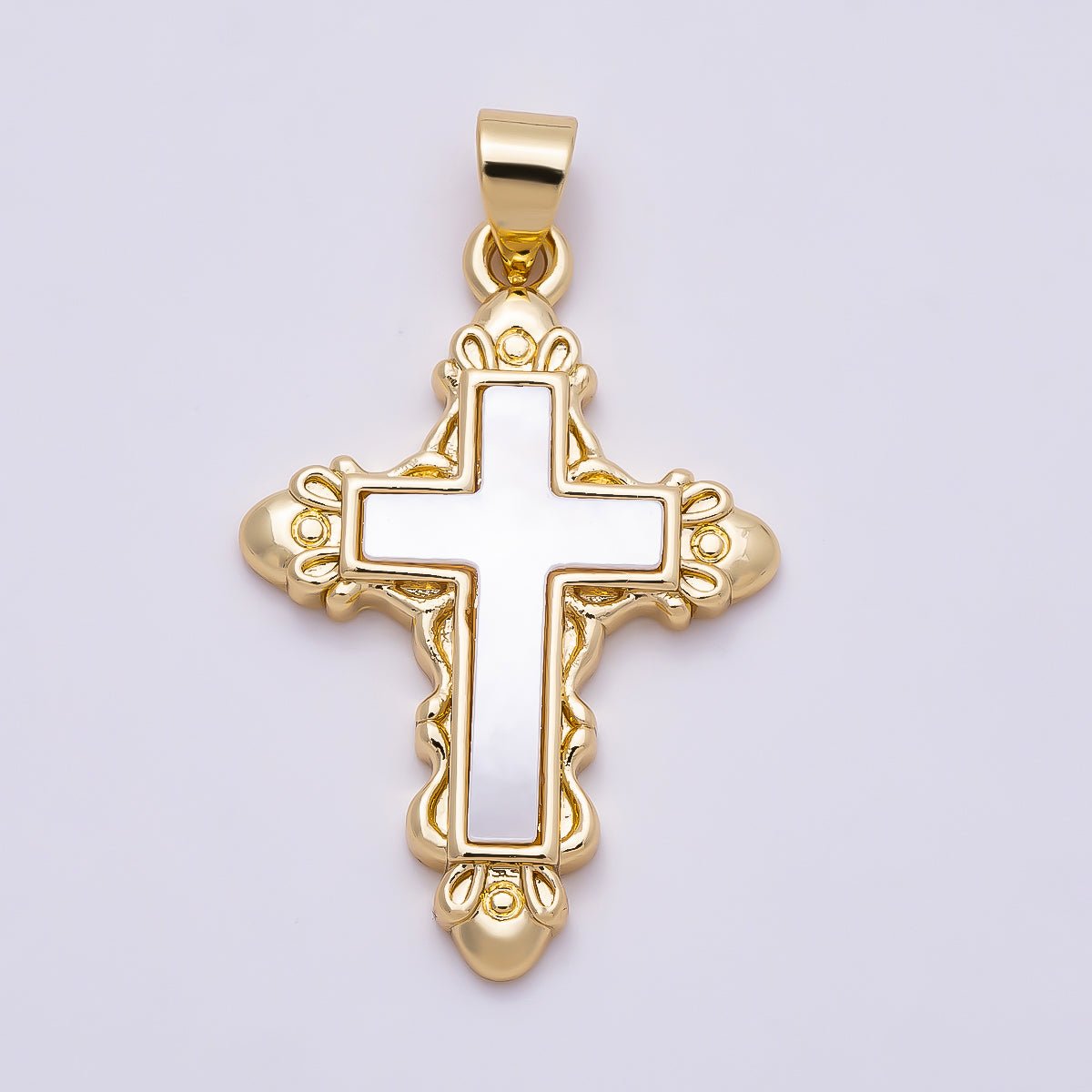 16K Gold Filled 28mm Shell Pearl Artisan Religious Cross Pendant | Charms-01311 - DLUXCA