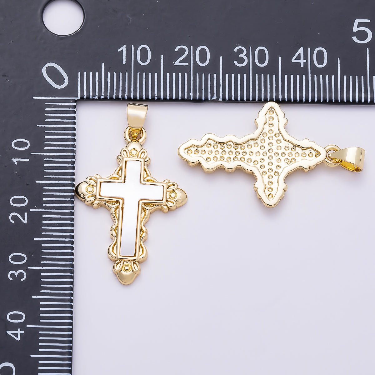16K Gold Filled 28mm Shell Pearl Artisan Religious Cross Pendant | Charms-01311 - DLUXCA