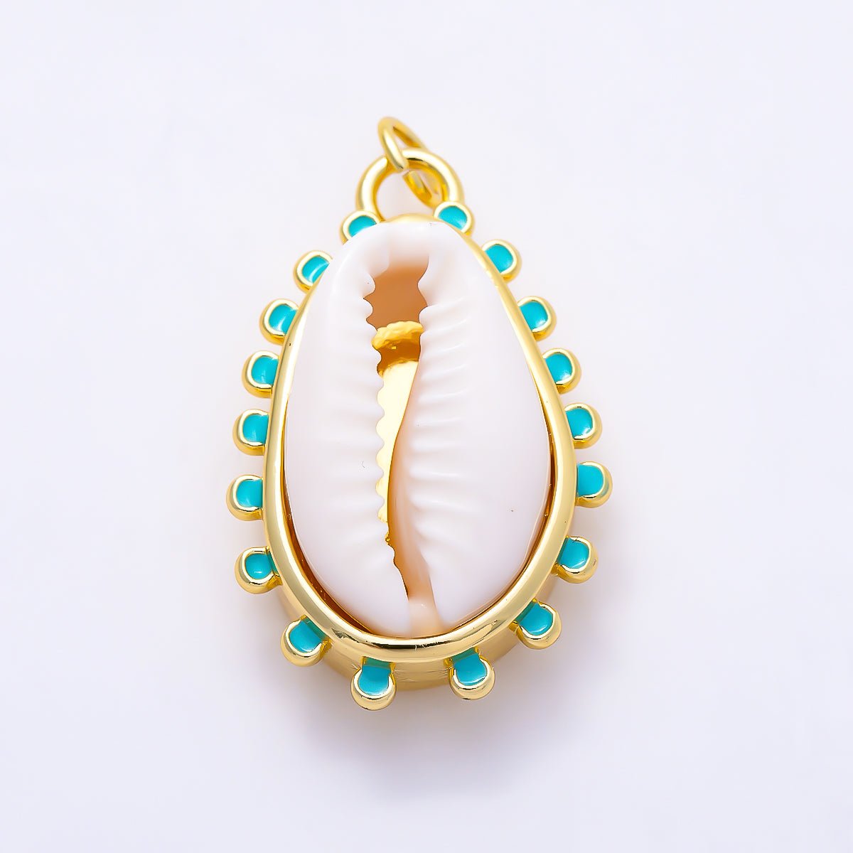 16K Gold Filled 28mm Turquoise Enamel Natural Cowrie Shell Scalloped Ocean Pendant | Charms-01658 - DLUXCA