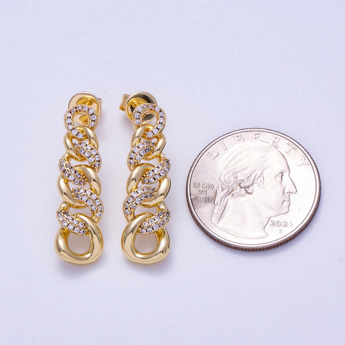 16K Gold Filled 29mm Micro Paved CZ Curb Chain Link Drop Stud Earrings | Earrings - 00307 - DLUXCA