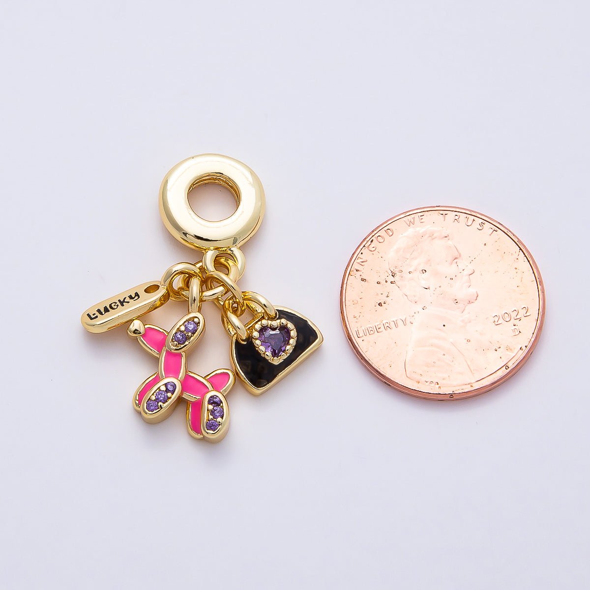 16K Gold Filled 29mm Micro Paved CZ Dog Bag Lucky Tag Drop Rondelle Pendant | Charms - 00854 - DLUXCA