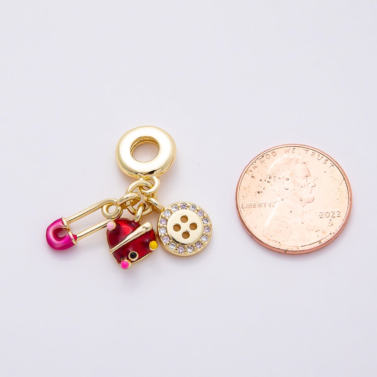 16K Gold Filled 29mm Sewing Kit Safety Pin Button Heart Drop Rondelle Pendant | Charms - 00853 - DLUXCA