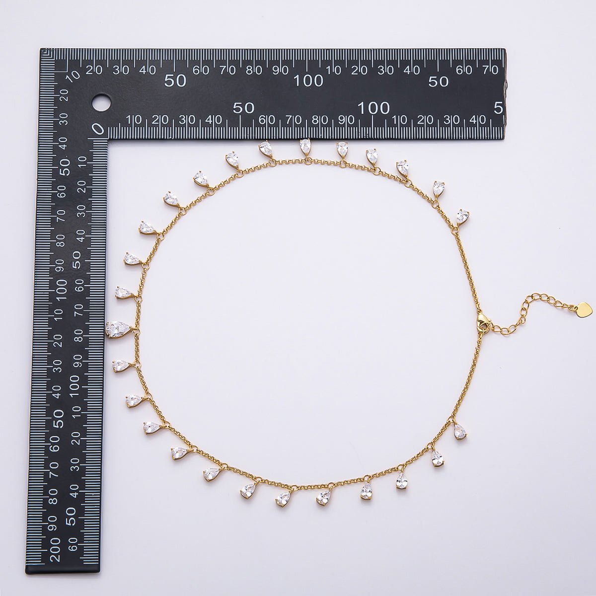 16K Gold Filled 2mm Clear CZ Teardrop Cable Chain 16 Inch Choker Necklace w. Extender | WA - 04496 - DLUXCA