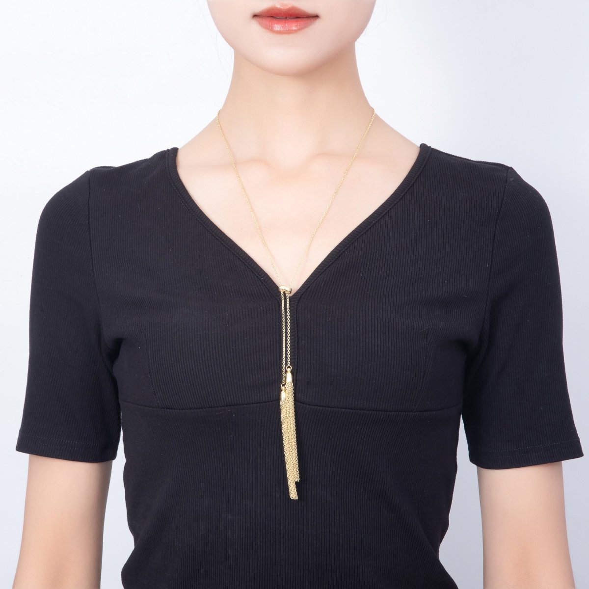 16K Gold Filled 2mm Tassel Adjustable Bolo Slider Lariat 13 Inch Necklace | WA-00313 - DLUXCA