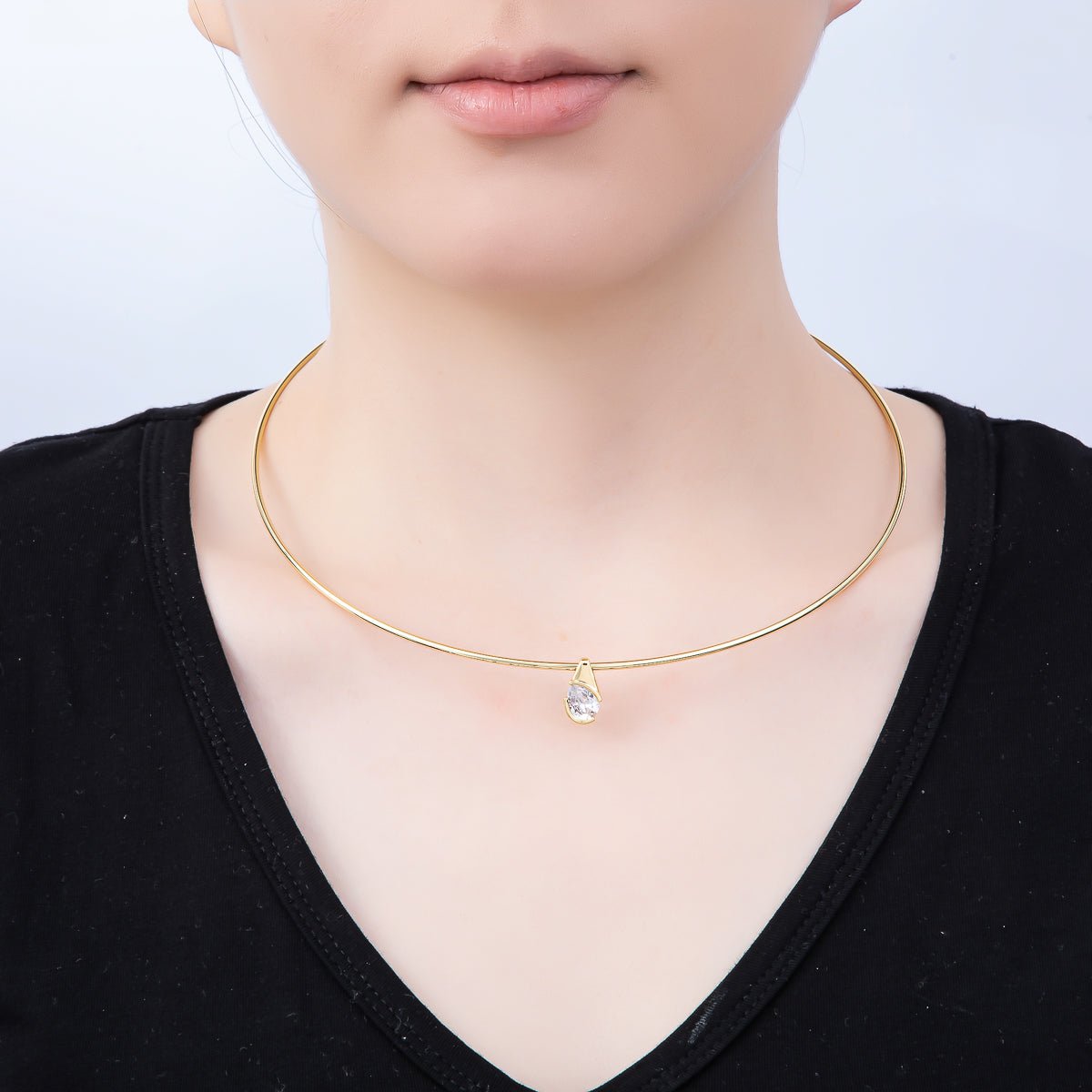 16K Gold Filled 2mm Teardrop Solitaire CZ Thin Torque Tube Choker Floating Collar Necklace | WA - 04410 - DLUXCA