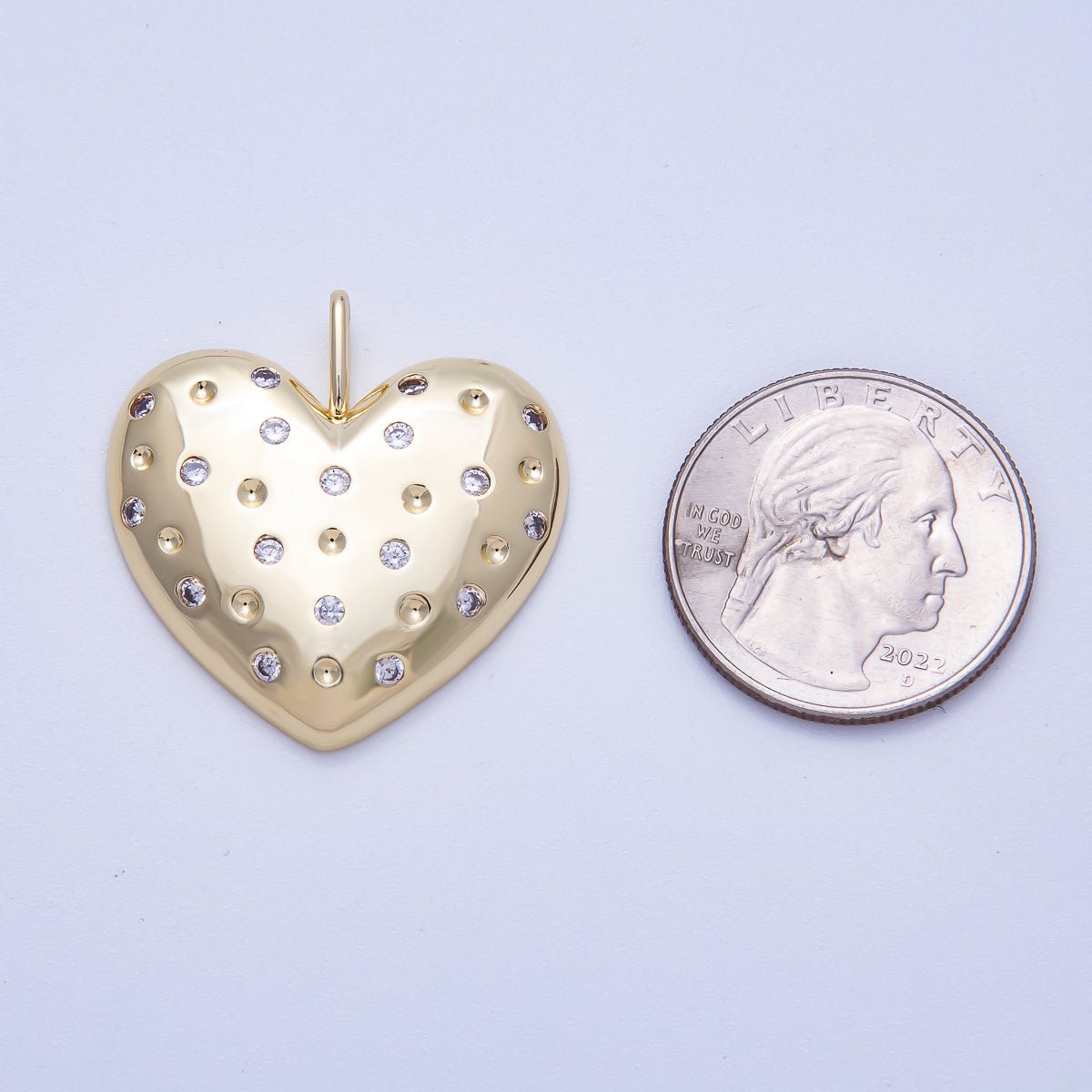 16K Gold Filled 30mm Clear CZ Dotted Chubby Love Heart Pendant | Charms - 00615 - DLUXCA