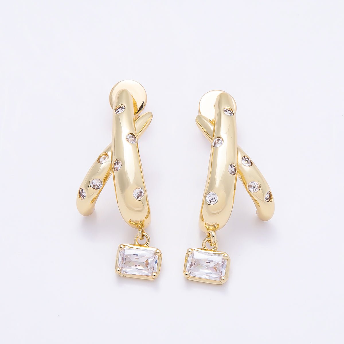 16K Gold Filled 30mm CZ Dotted Baguette C - Shaped Drop Stud Earrings | Earrings - 00402 - DLUXCA