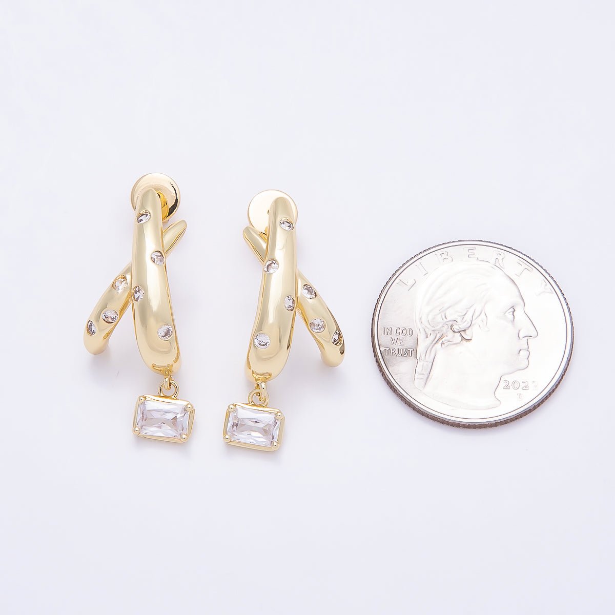 16K Gold Filled 30mm CZ Dotted Baguette C - Shaped Drop Stud Earrings | Earrings - 00402 - DLUXCA