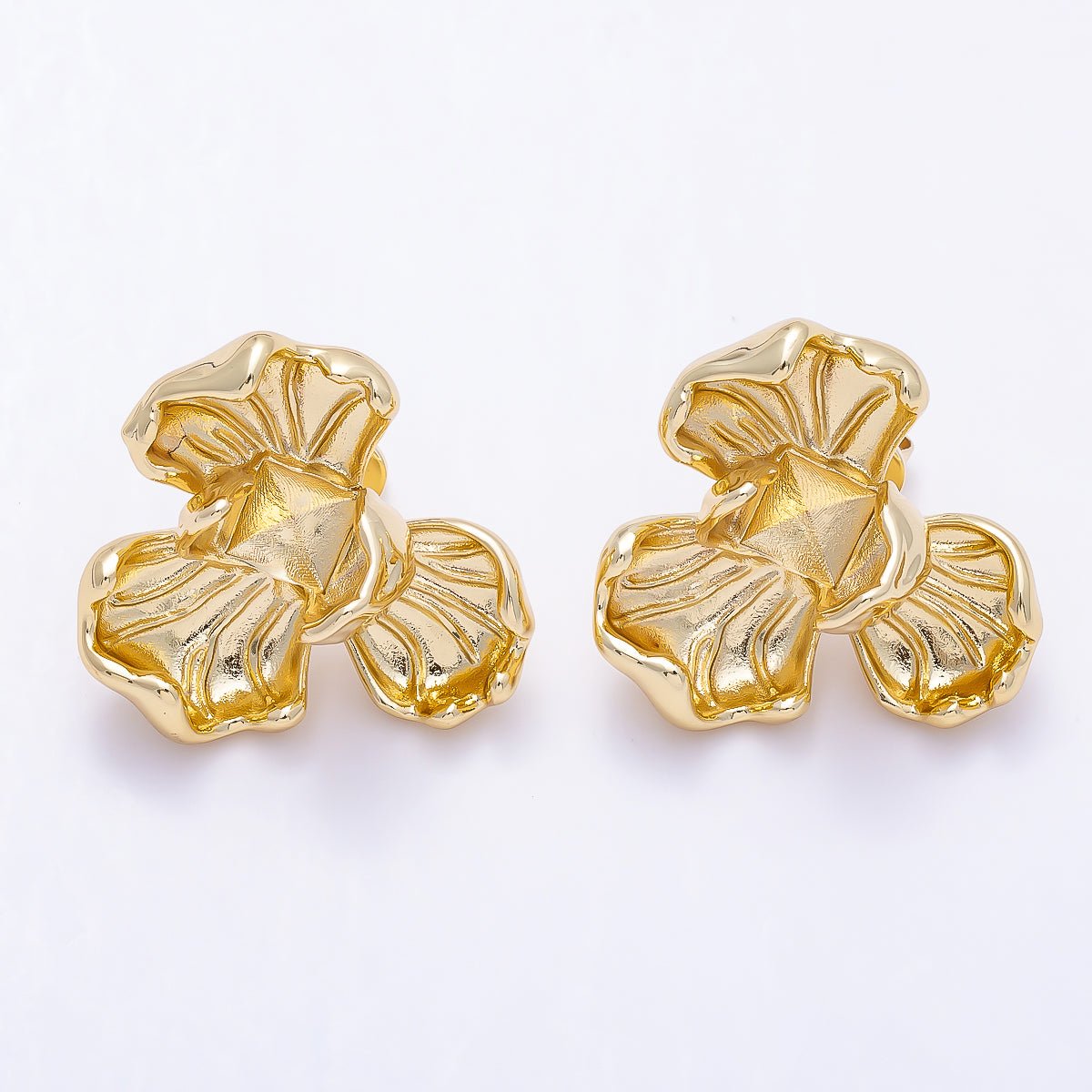 16K Gold Filled 30mm Minimalist Geometric Foil Flower Drop Stud Earrings | Findings-00489 - DLUXCA