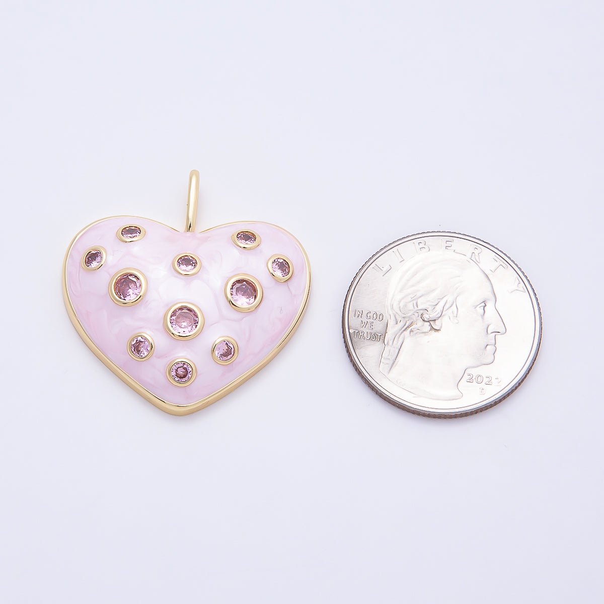 16K Gold Filled 30mm Pink CZ Dotted Glitter Enamel Heart Pendant | Charms - 00856 - DLUXCA