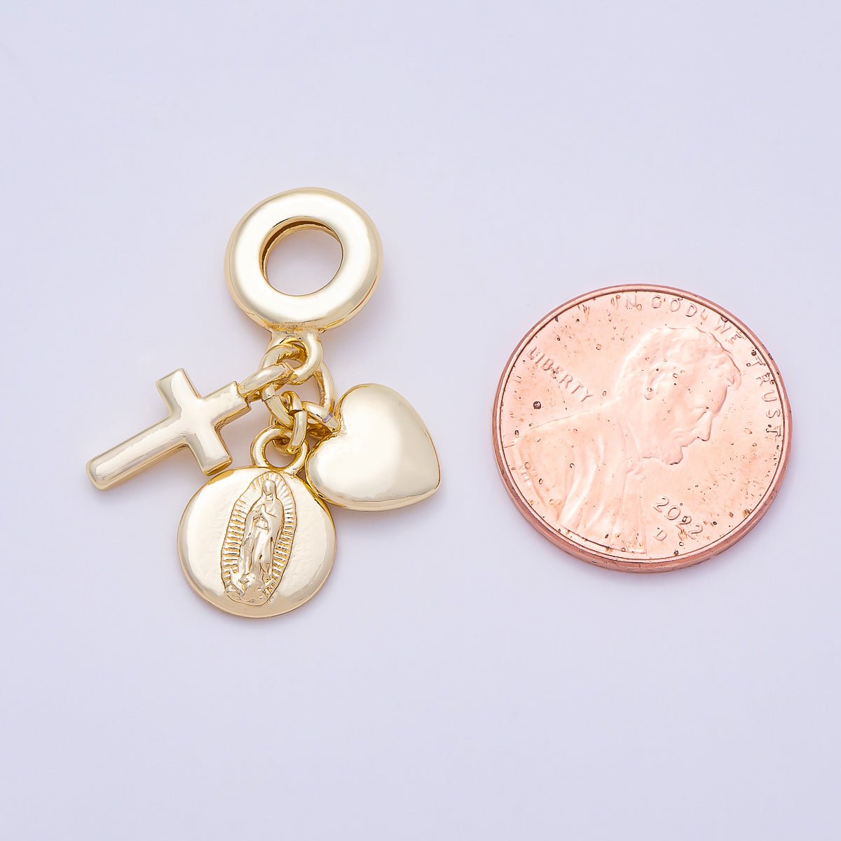 16K Gold Filled 30mm Religious Heart Cross Mother Mary Minimalist Drop Rondelle Pendant | Charms-01152 - DLUXCA