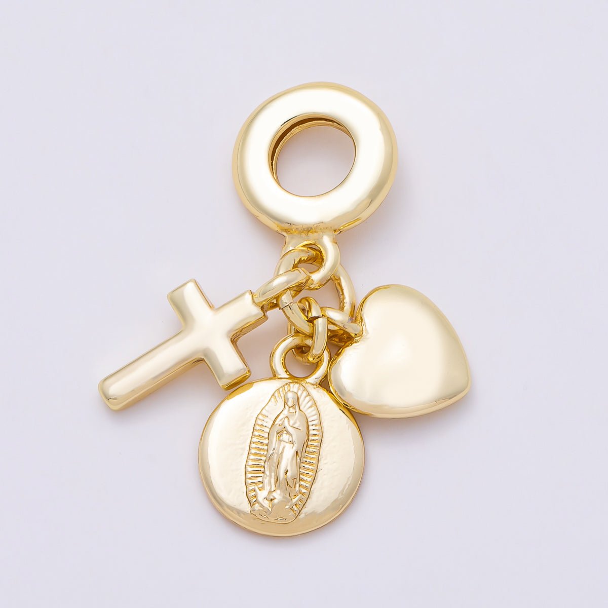 16K Gold Filled 30mm Religious Heart Cross Mother Mary Minimalist Drop Rondelle Pendant | Charms-01152 - DLUXCA