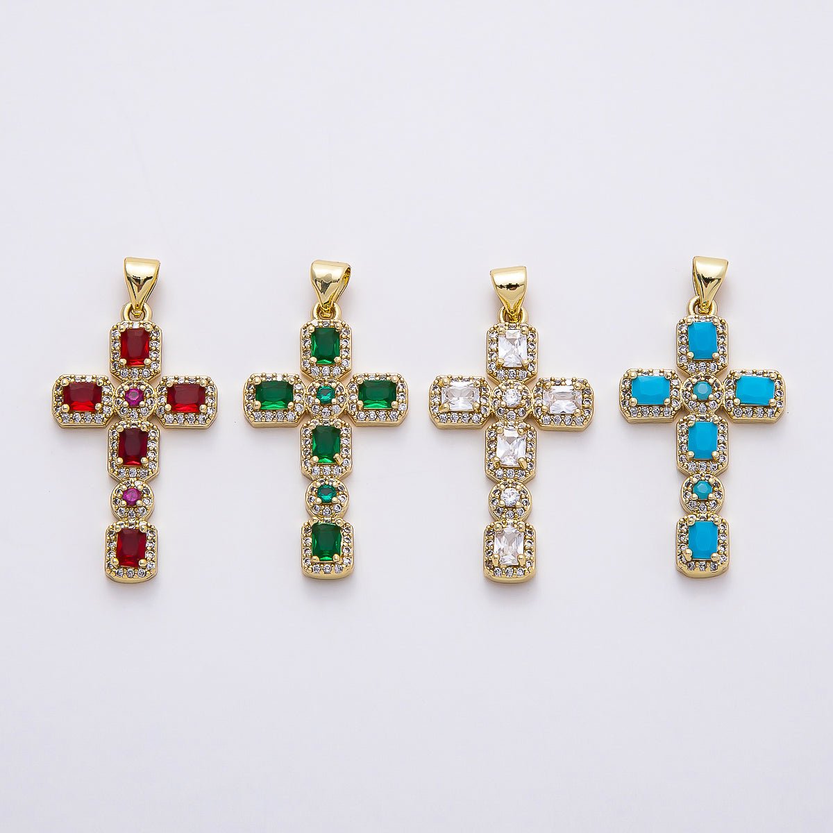 16K Gold Filled 31mm Colorful Baguette Square CZ Religious Cross Pendant | Charms - 00760 - Charms - 00763 - DLUXCA