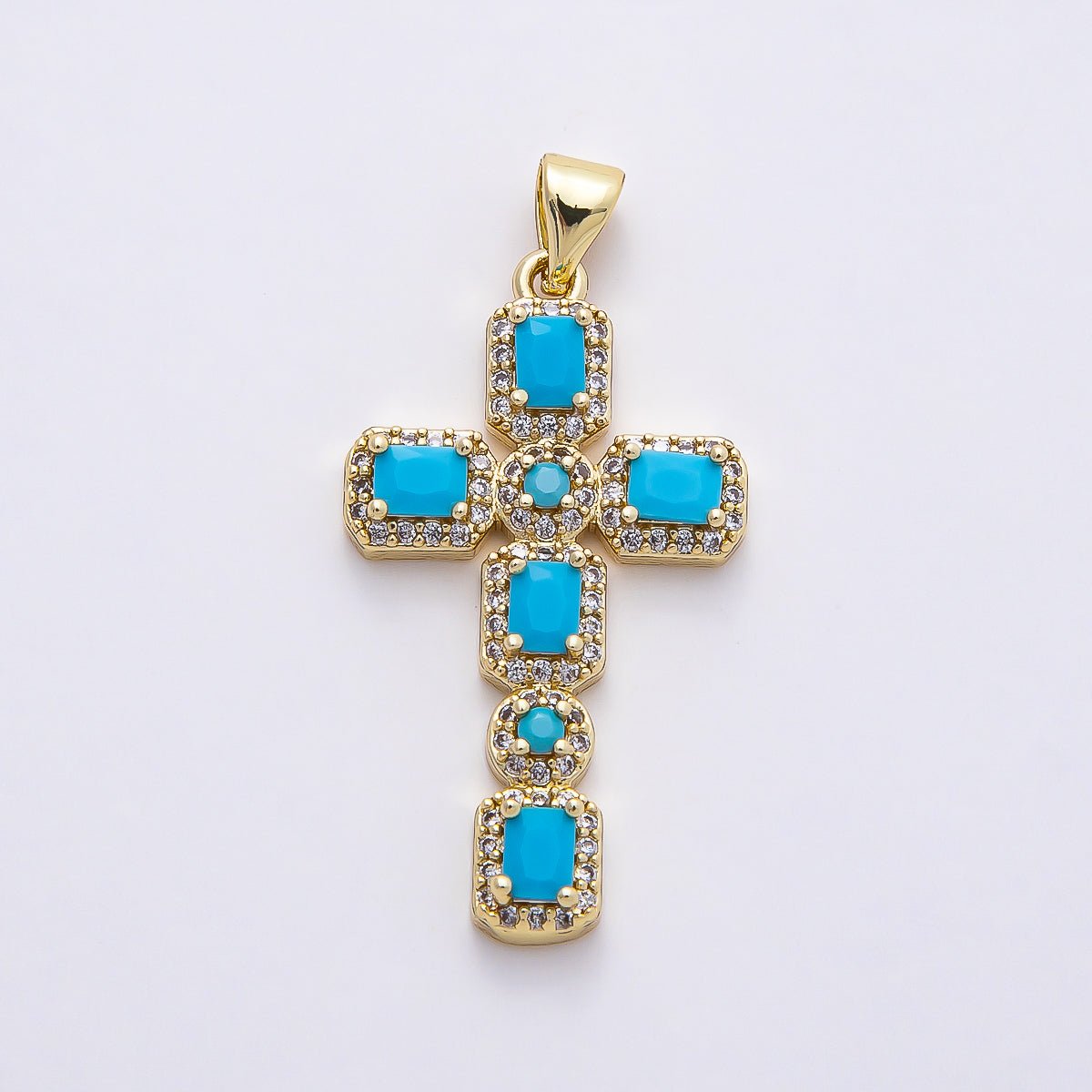 16K Gold Filled 31mm Colorful Baguette Square CZ Religious Cross Pendant | Charms - 00760 - Charms - 00763 - DLUXCA