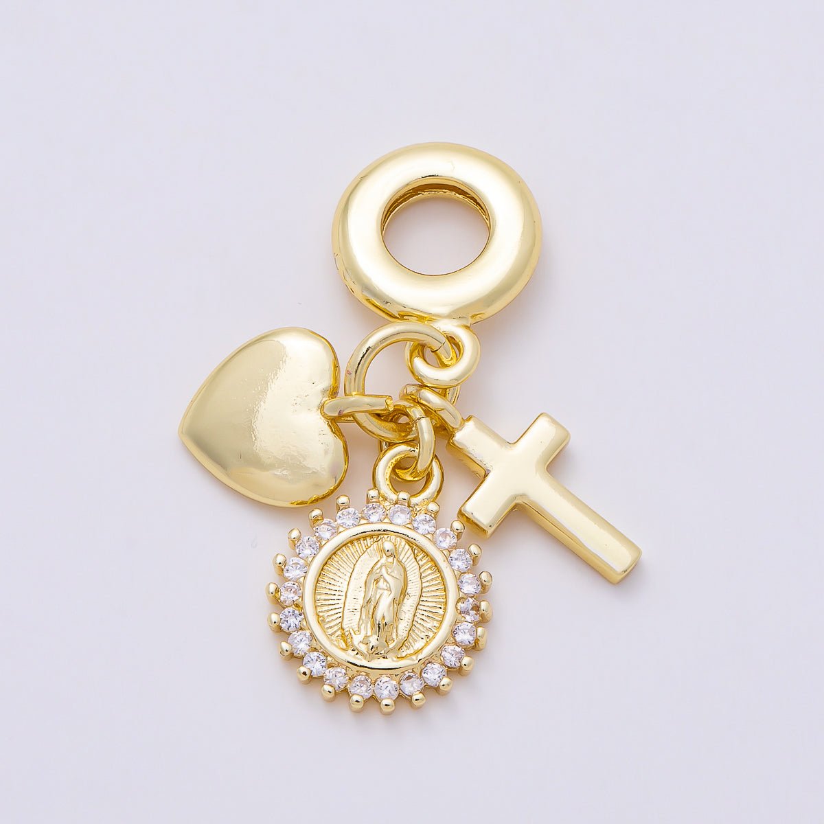 16K Gold Filled 31mm Religious Heart Cross Mother Mary CZ Round Drop Rondelle Pendant | Charms-01157 - DLUXCA