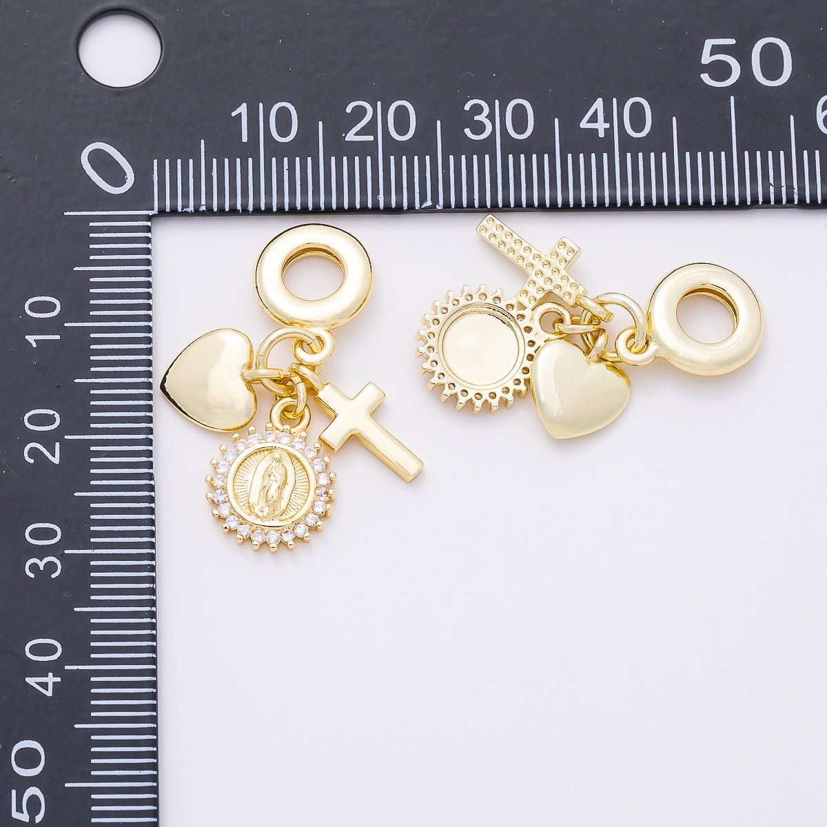 16K Gold Filled 31mm Religious Heart Cross Mother Mary CZ Round Drop Rondelle Pendant | Charms-01157 - DLUXCA