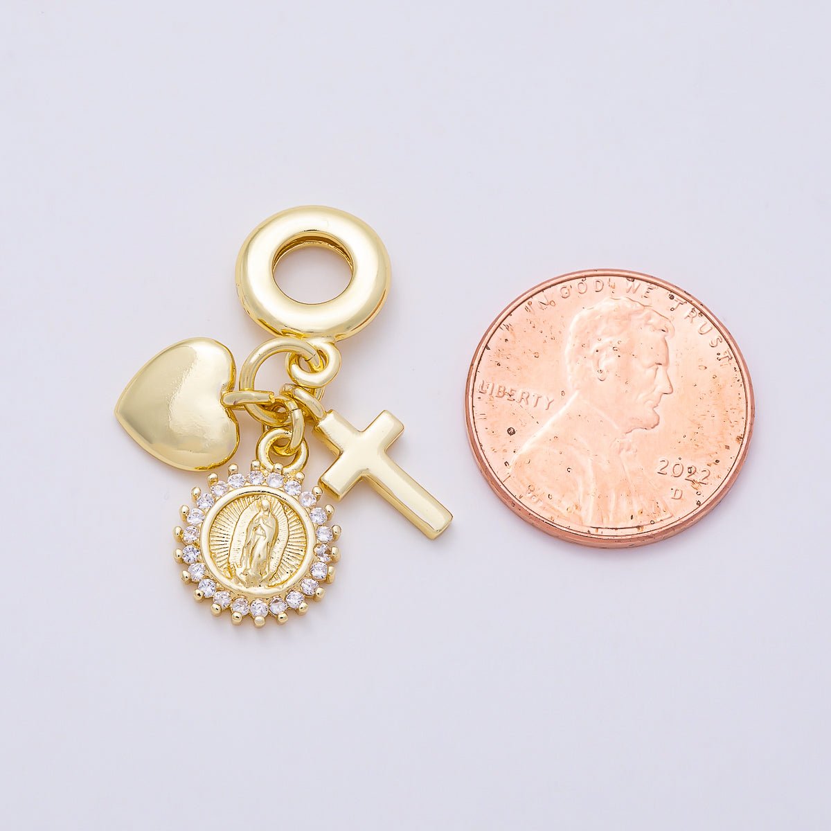16K Gold Filled 31mm Religious Heart Cross Mother Mary CZ Round Drop Rondelle Pendant | Charms-01157 - DLUXCA