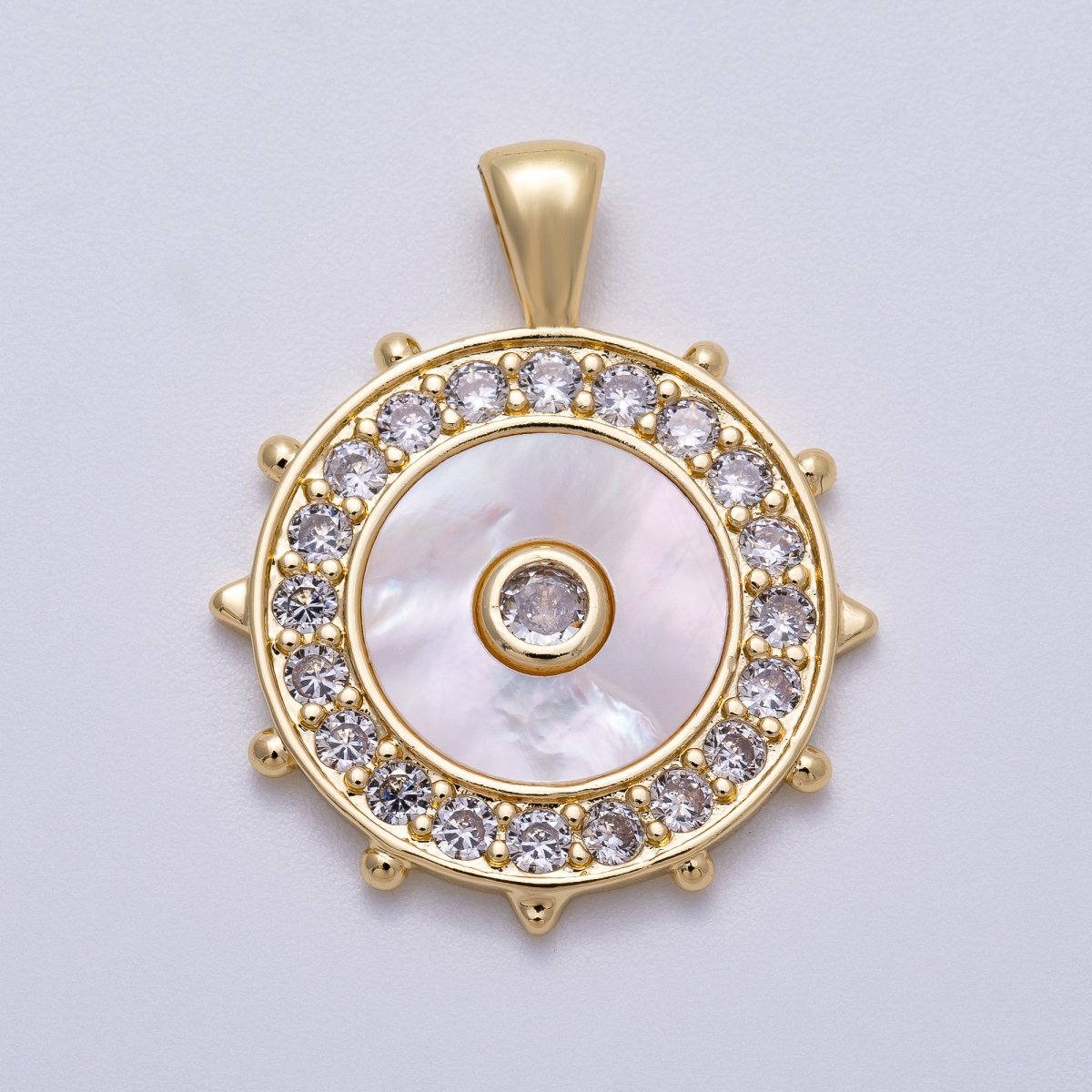 16K Gold Filled 31mm Shell Pearl Micro Paved CZ Evil Eyes Medallion Pendant | Charms - 00565 - DLUXCA