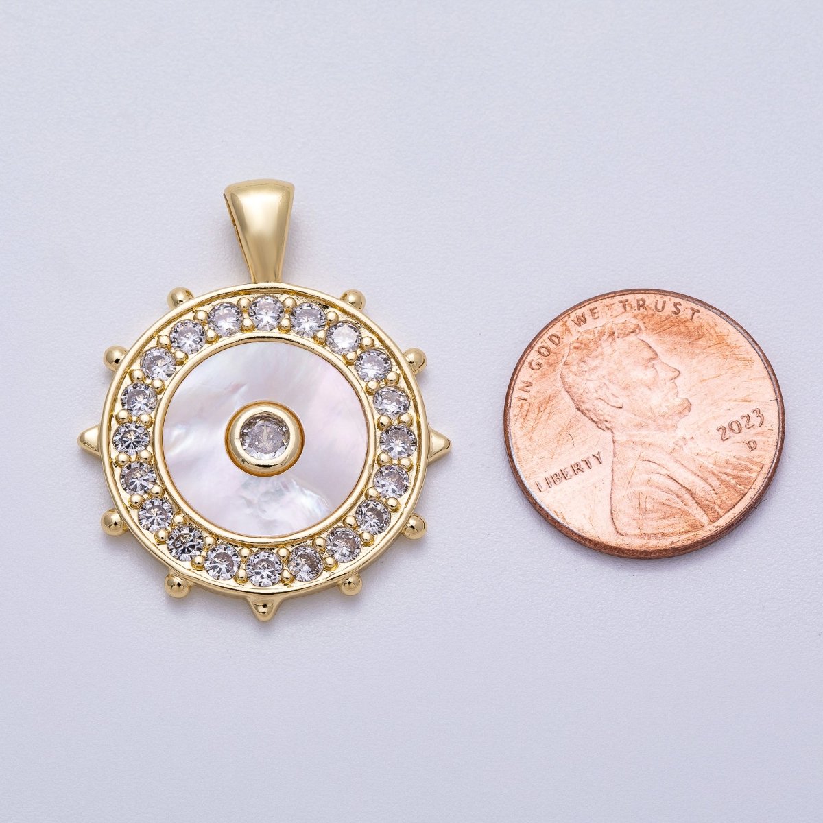 16K Gold Filled 31mm Shell Pearl Micro Paved CZ Evil Eyes Medallion Pendant | Charms - 00565 - DLUXCA