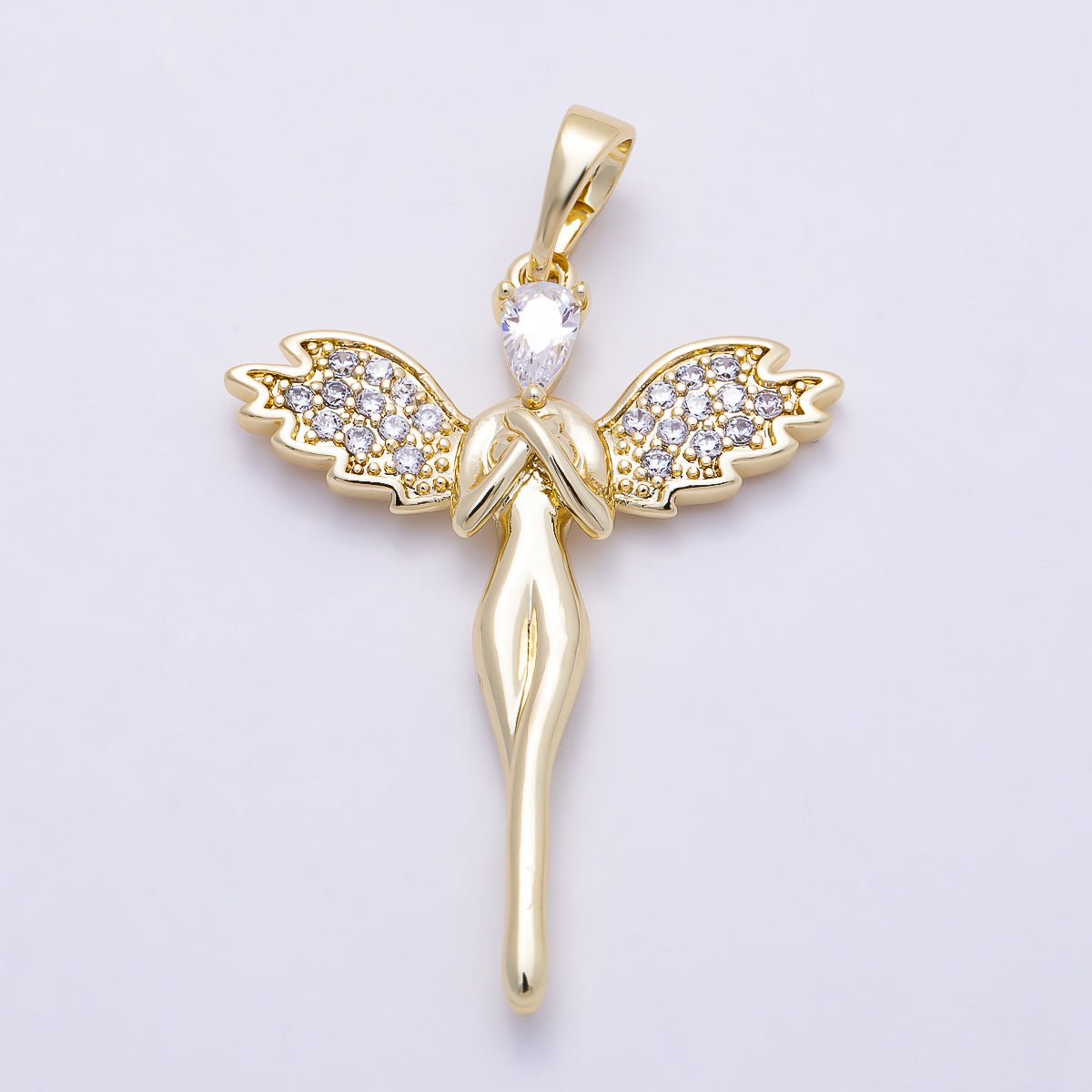 16K Gold Filled 32mm Micro Paved CZ Guardian Angel Religious Pendant | Charms-01392 - DLUXCA