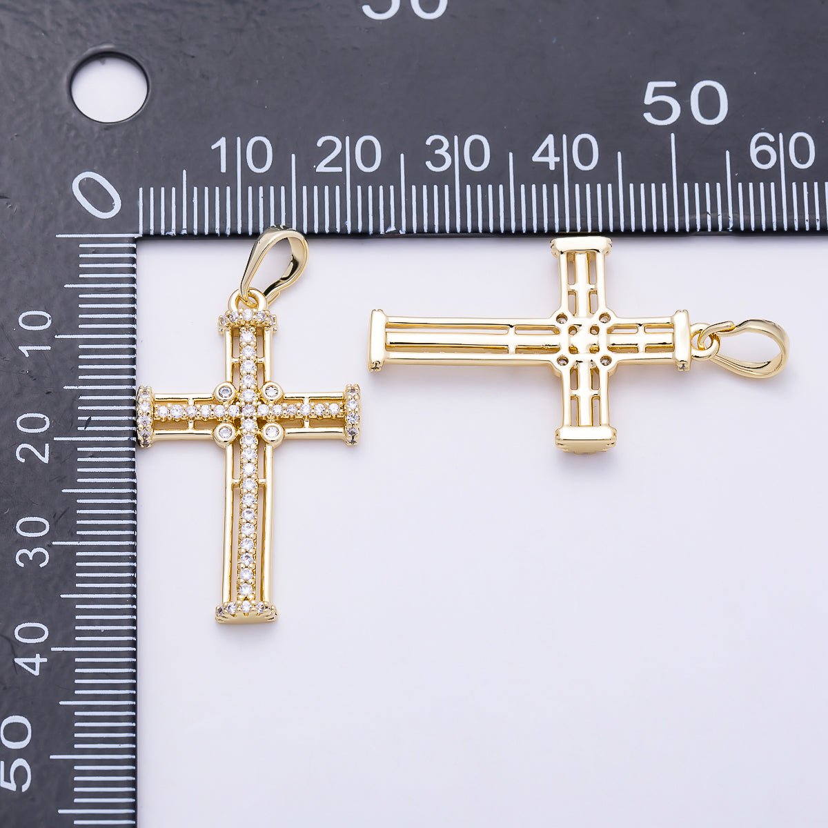 16K Gold Filled 32mm Micro Paved CZ Lined Religious Cross Pendant | Charms-01399 - DLUXCA