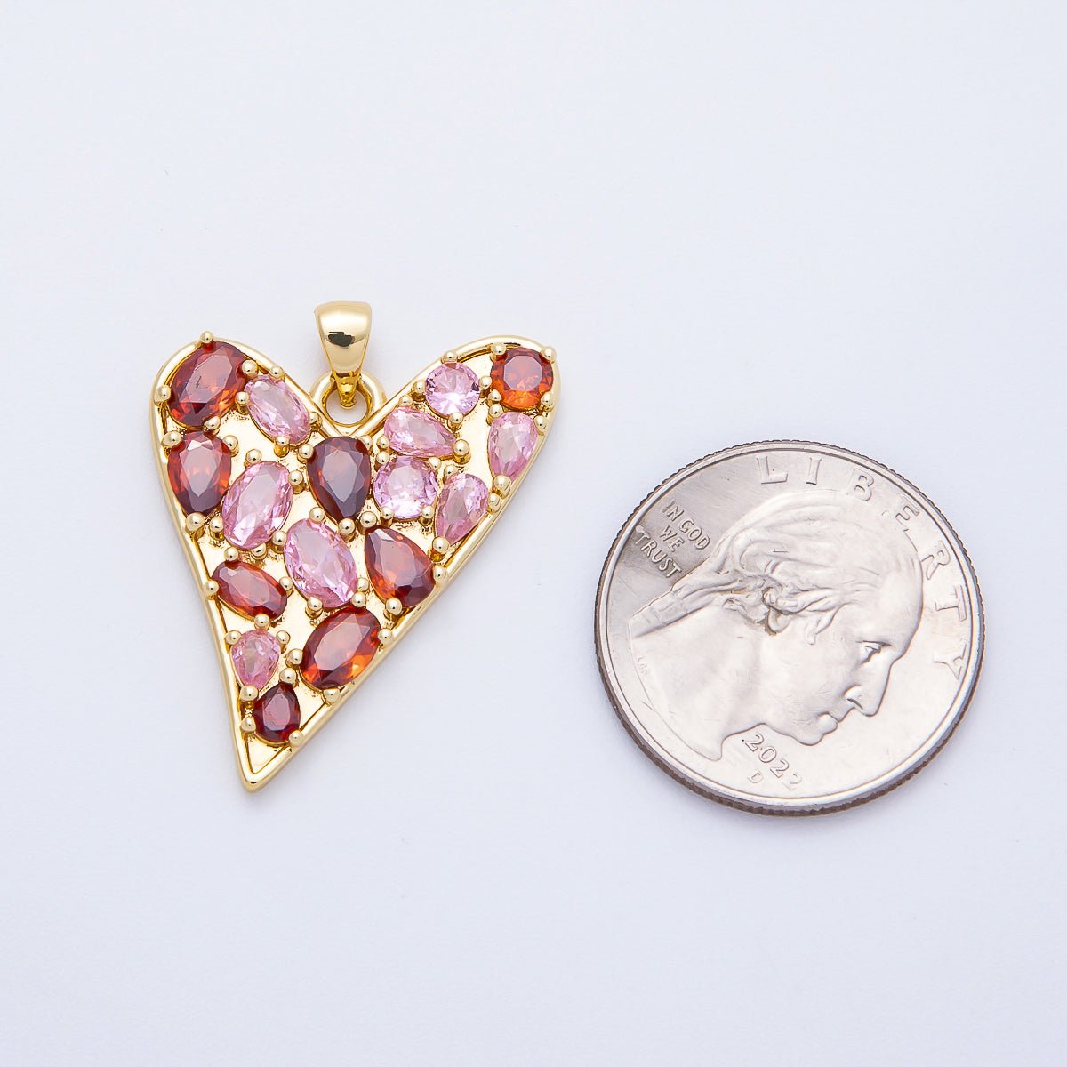 16K Gold Filled 32mm Red - Pink Multicolor CZ Geometric Heart Pendant | Charms - 00647 - DLUXCA