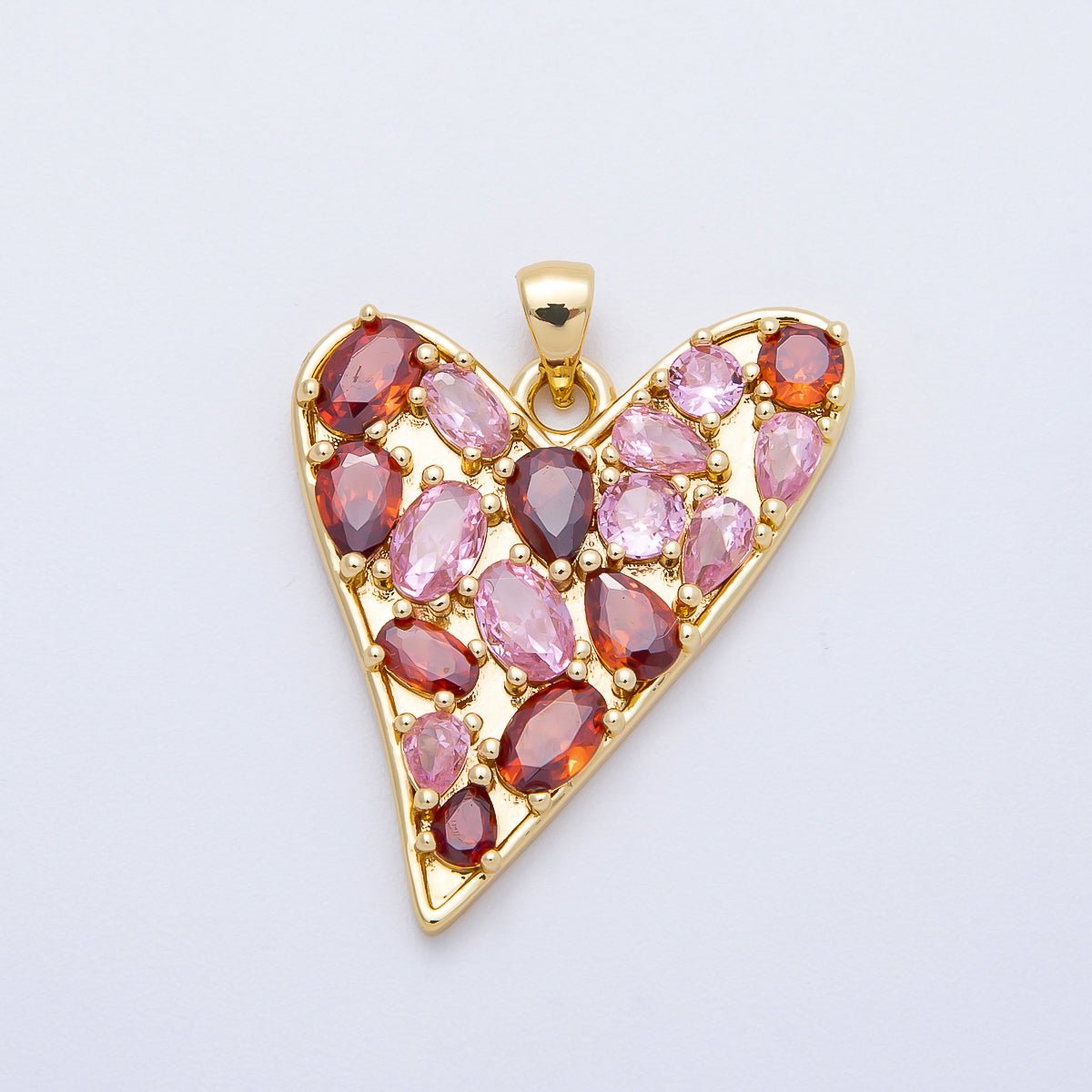 16K Gold Filled 32mm Red - Pink Multicolor CZ Geometric Heart Pendant | Charms - 00647 - DLUXCA