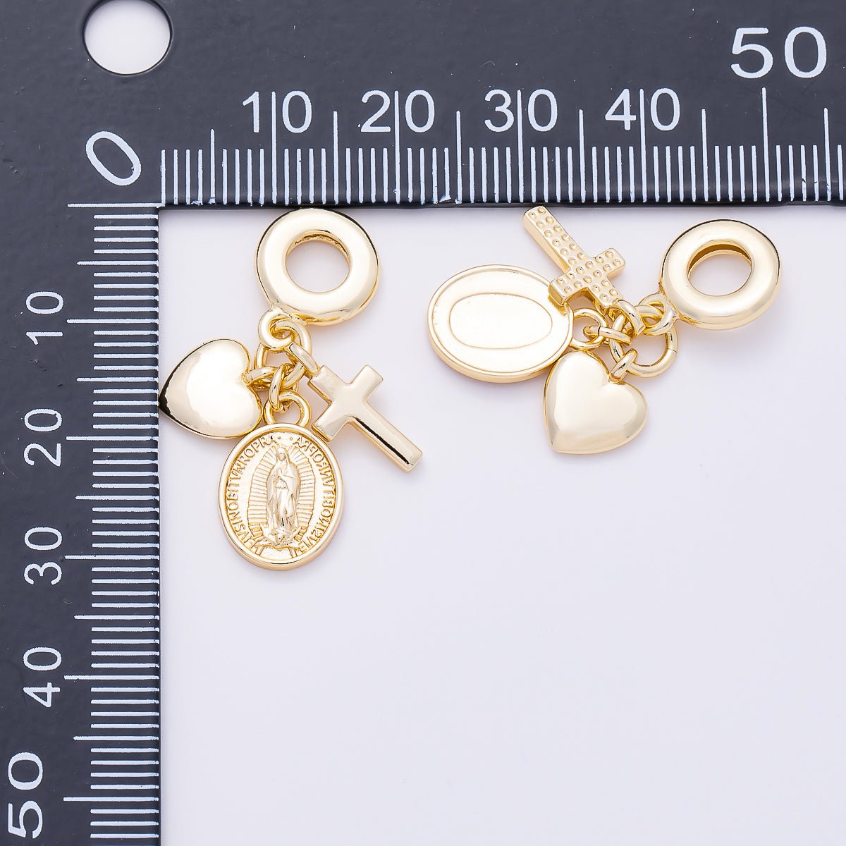 16K Gold Filled 32mm Religious Heart Cross Mother Mary Sunburst Latin Prayer Drop Rondelle Pendant | Charms-01154 - DLUXCA