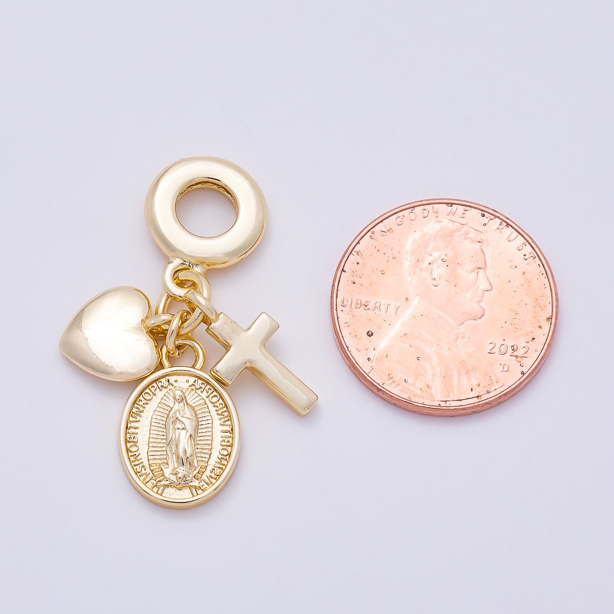 16K Gold Filled 32mm Religious Heart Cross Mother Mary Sunburst Latin Prayer Drop Rondelle Pendant | Charms-01154 - DLUXCA