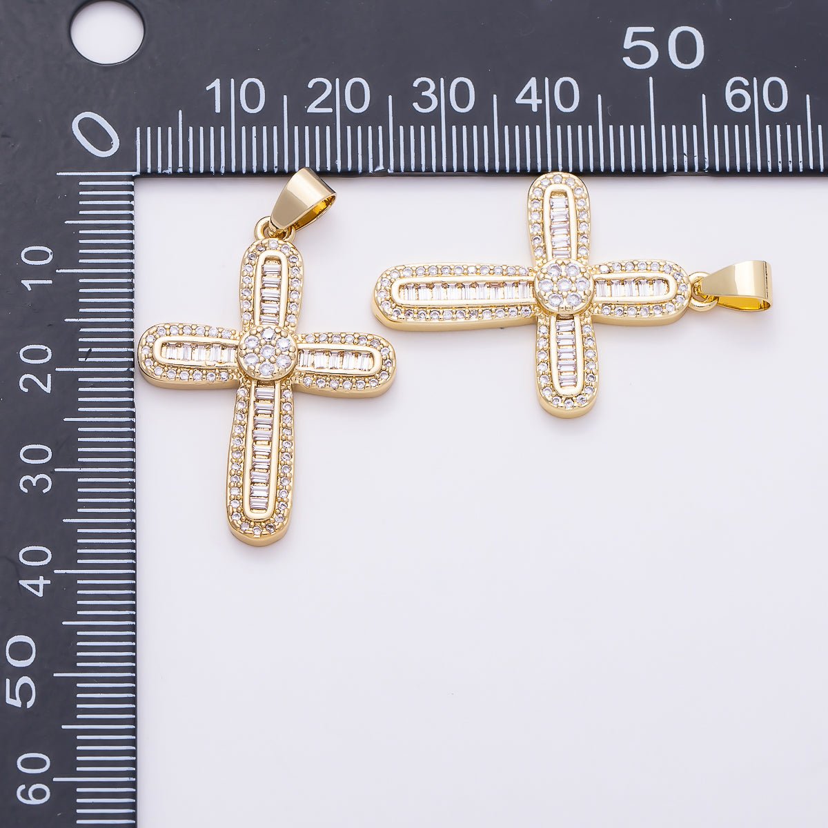 16K Gold Filled 33mm Baguette & Round Micro Paved CZ Cross Religious Pendant | Charms-01648 - DLUXCA