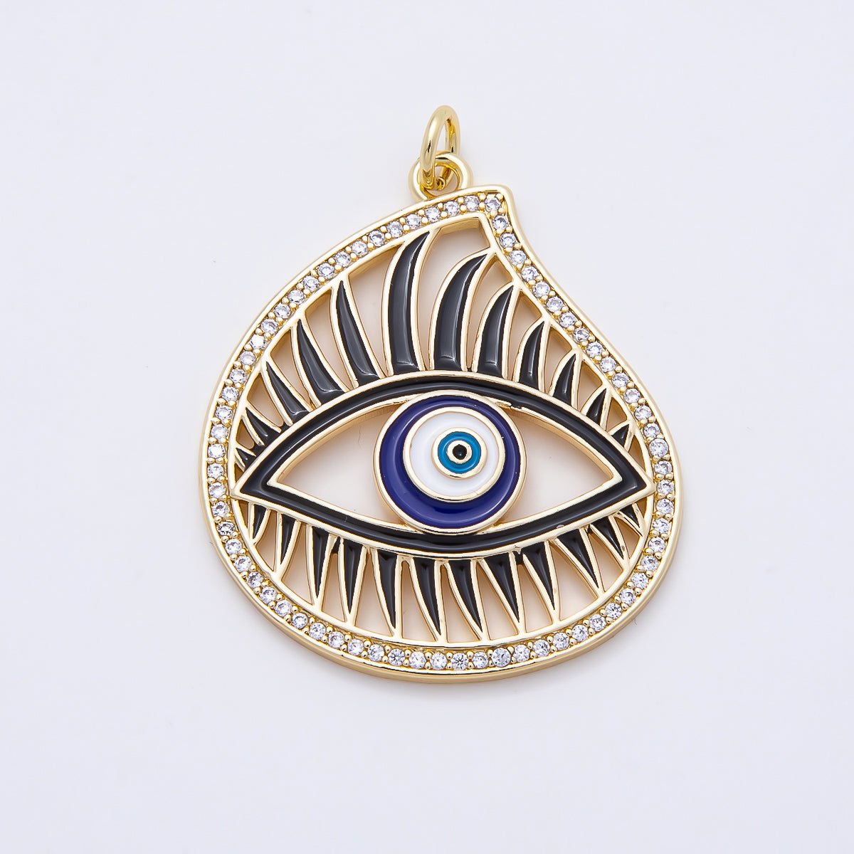 16K Gold Filled 33mm Blue Enamel Micro Paved CZ Evil Eye Open Teardrop Charm | Charms-01056 - DLUXCA