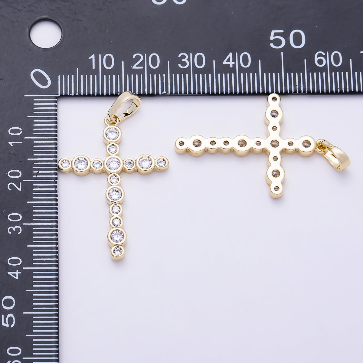16K Gold Filled 33mm Clear CZ Round Bezel Cross Religious Pendant | Charms-01402 - DLUXCA