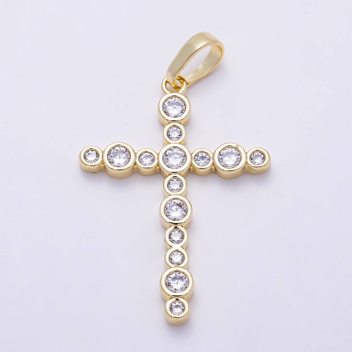 16K Gold Filled 33mm Clear CZ Round Bezel Cross Religious Pendant | Charms-01402 - DLUXCA