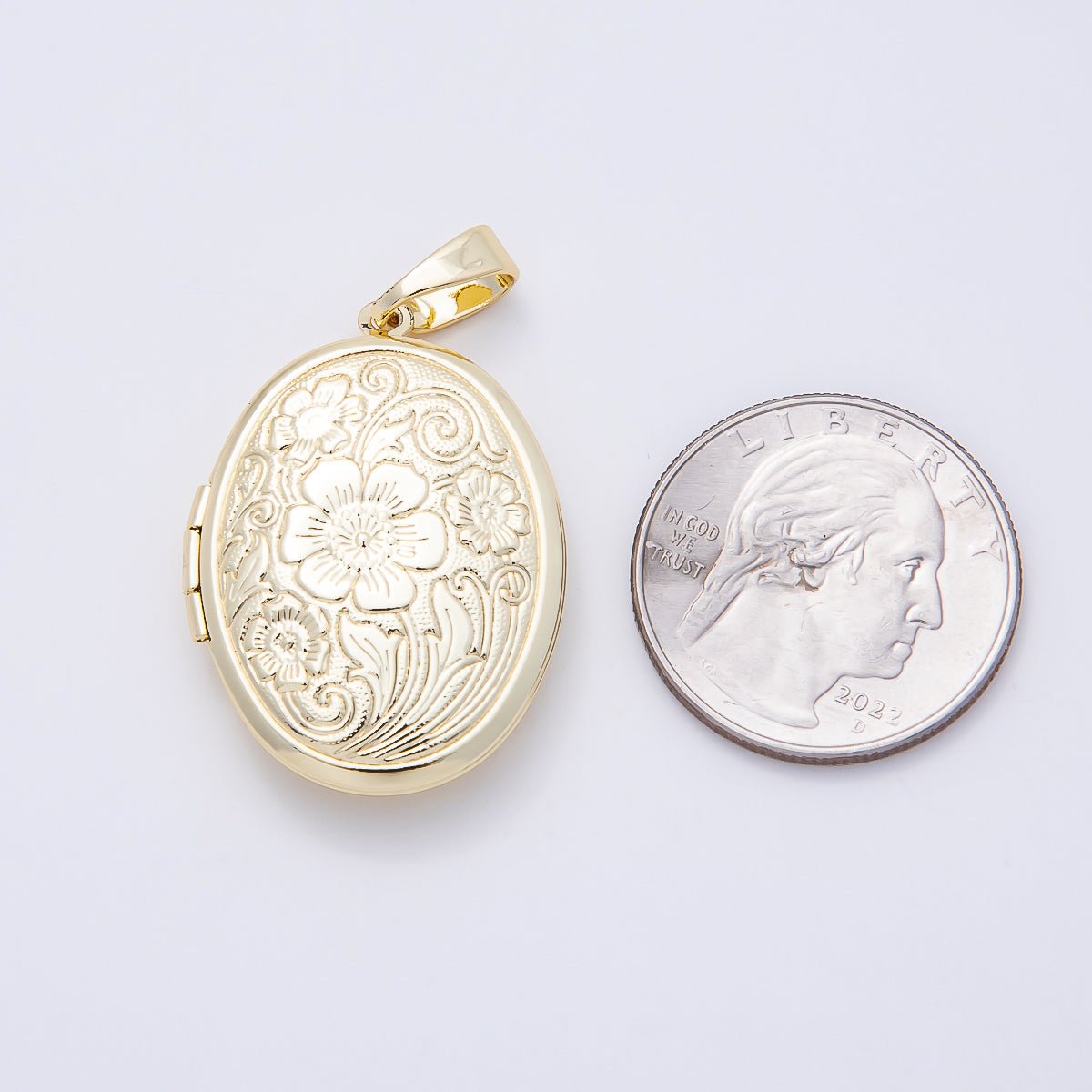16K Gold Filled 33mm Flower Engraved Oval Locket Pendant | Charms-01098 - DLUXCA