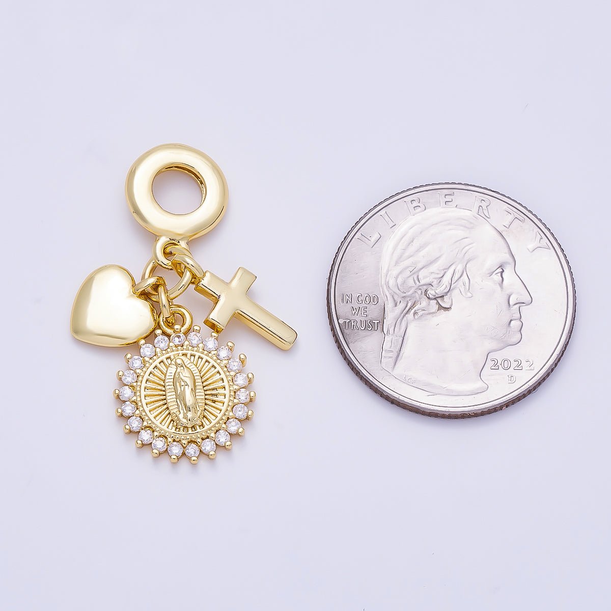 16K Gold Filled 33mm Religious Cross Heart Mother Mary CZ Round Drop Rondelle Pendant | Charms-01158 - DLUXCA