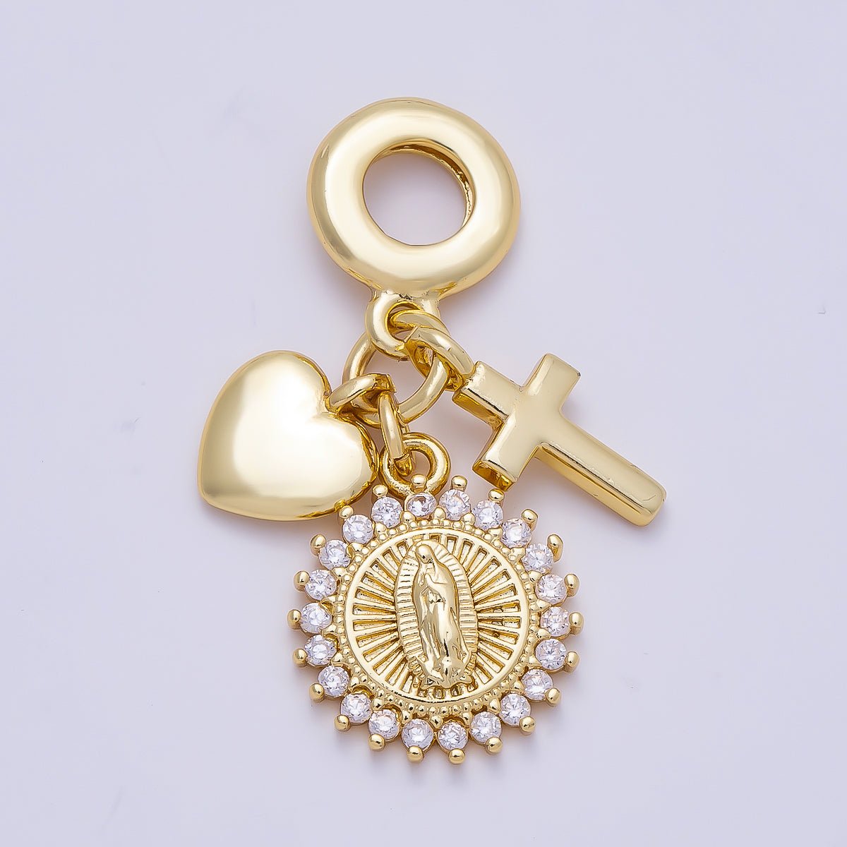 16K Gold Filled 33mm Religious Cross Heart Mother Mary CZ Round Drop Rondelle Pendant | Charms-01158 - DLUXCA