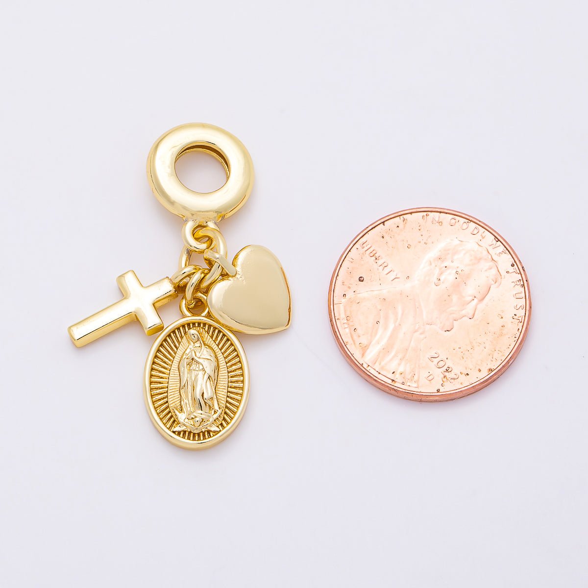 16K Gold Filled 33mm Religious Heart Cross Mother Mary Sunburst Oval Drop Rondelle Pendant | Charms-01153 - DLUXCA