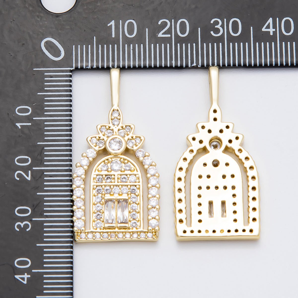 16K Gold Filled 34mm Baguette Micro Paved CZ Flower Arched Garden Gate Doorway Pendant | Charms - 00462 - DLUXCA