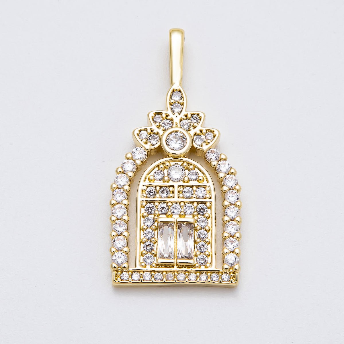 16K Gold Filled 34mm Baguette Micro Paved CZ Flower Arched Garden Gate Doorway Pendant | Charms - 00462 - DLUXCA