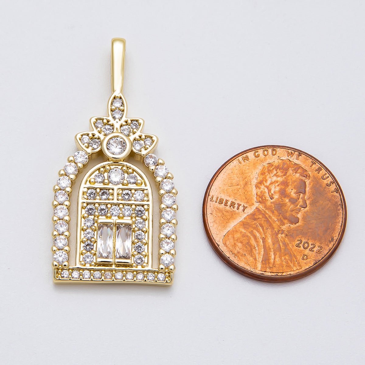 16K Gold Filled 34mm Baguette Micro Paved CZ Flower Arched Garden Gate Doorway Pendant | Charms - 00462 - DLUXCA