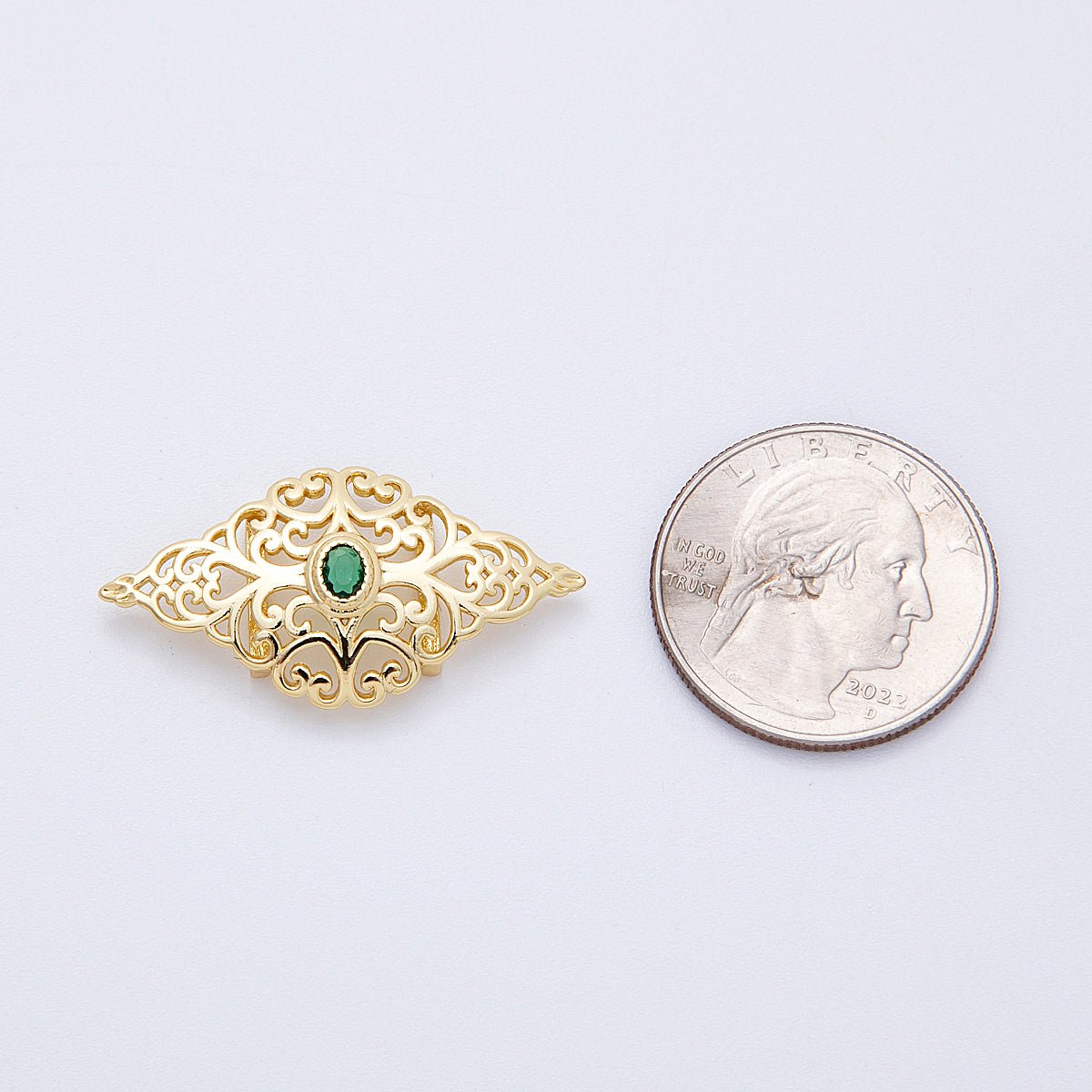 16K Gold Filled 34mm Green CZ Oval Filigree Geometric Charm Finding | Findings - 00036 - DLUXCA