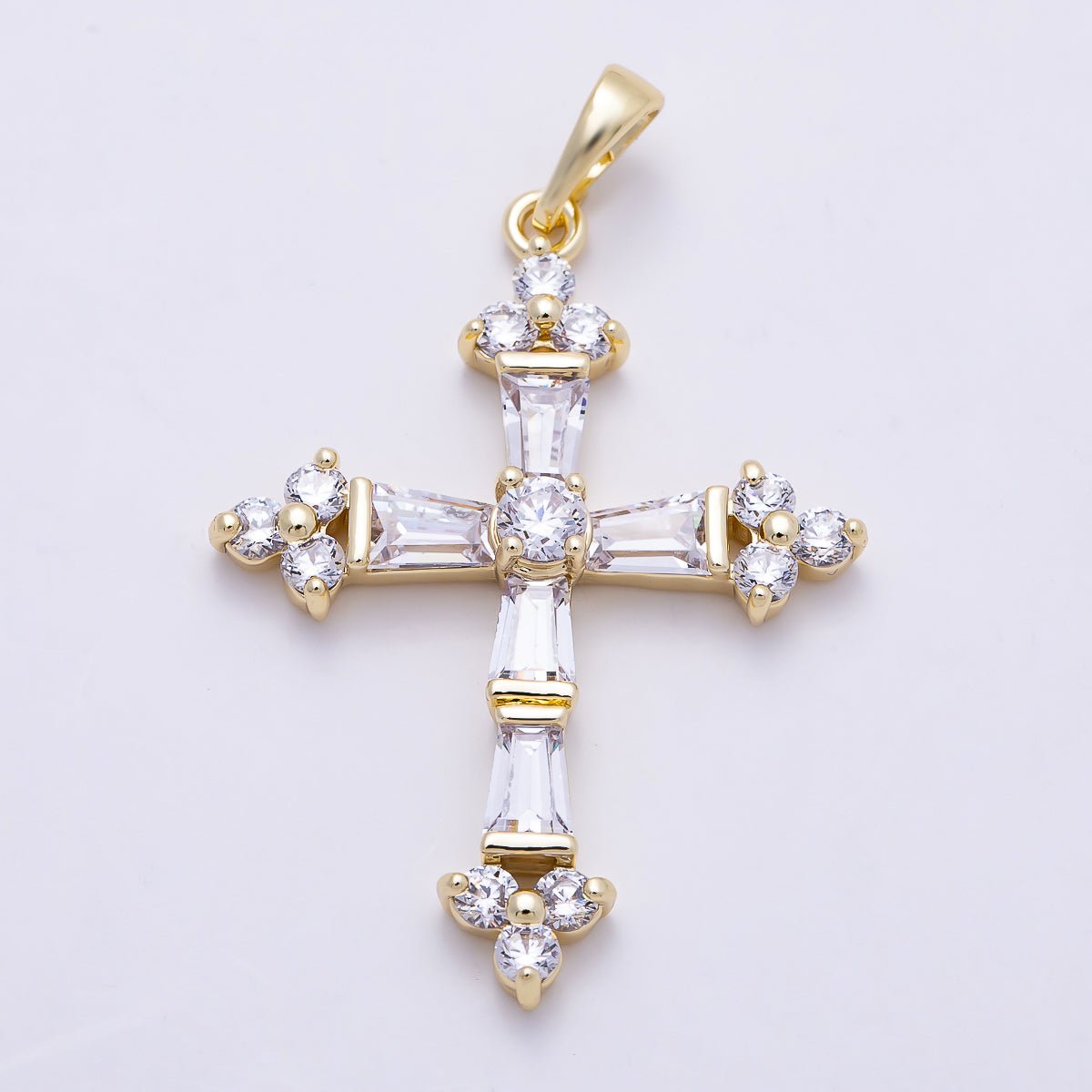 16K Gold Filled 35mm Clear CZ Baguette Micro Paved Religious Cross Pendant | Charms-01380 - DLUXCA