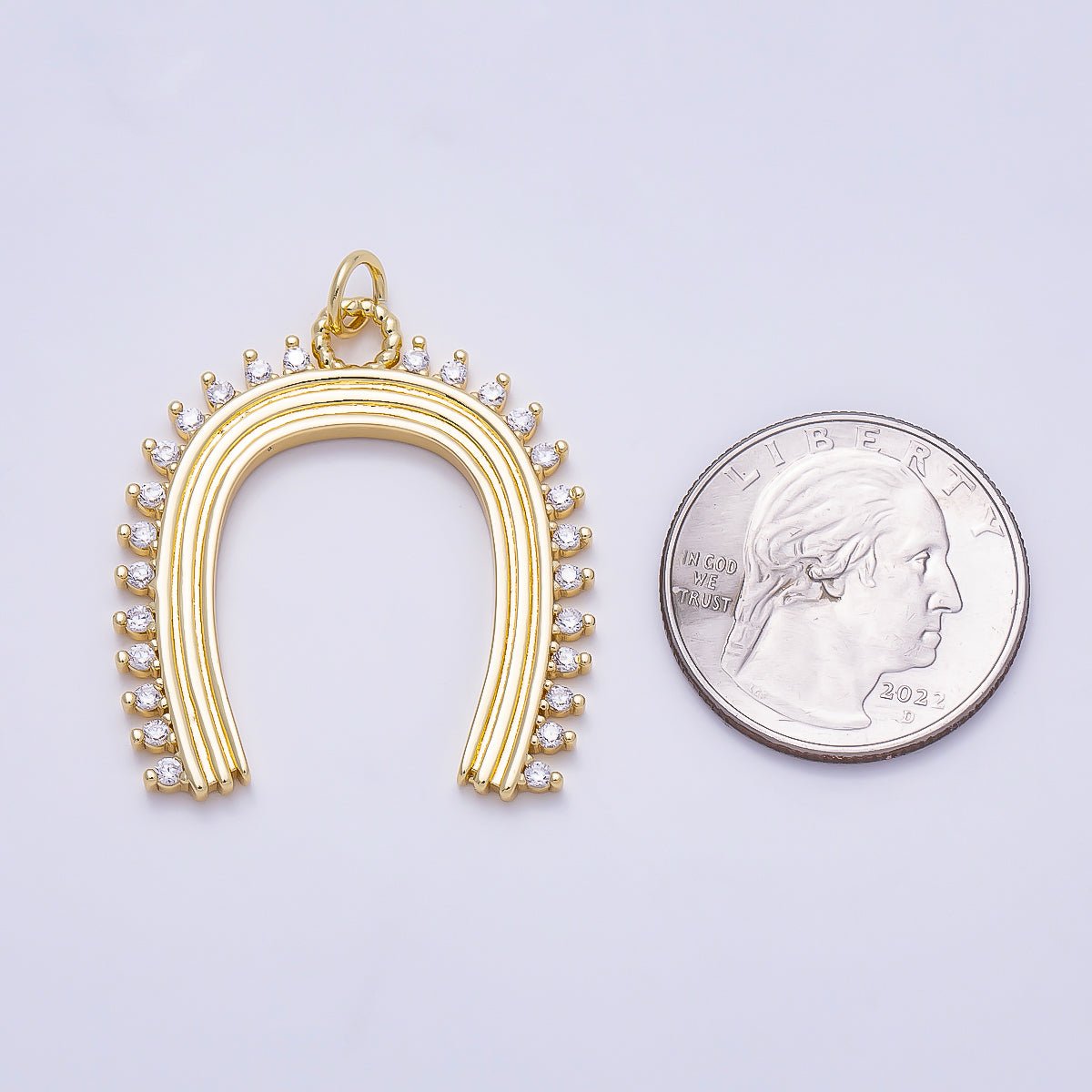 16K Gold Filled 35mm CZ Lined Ribbed Horseshoe Charm | Charms-01352 - DLUXCA
