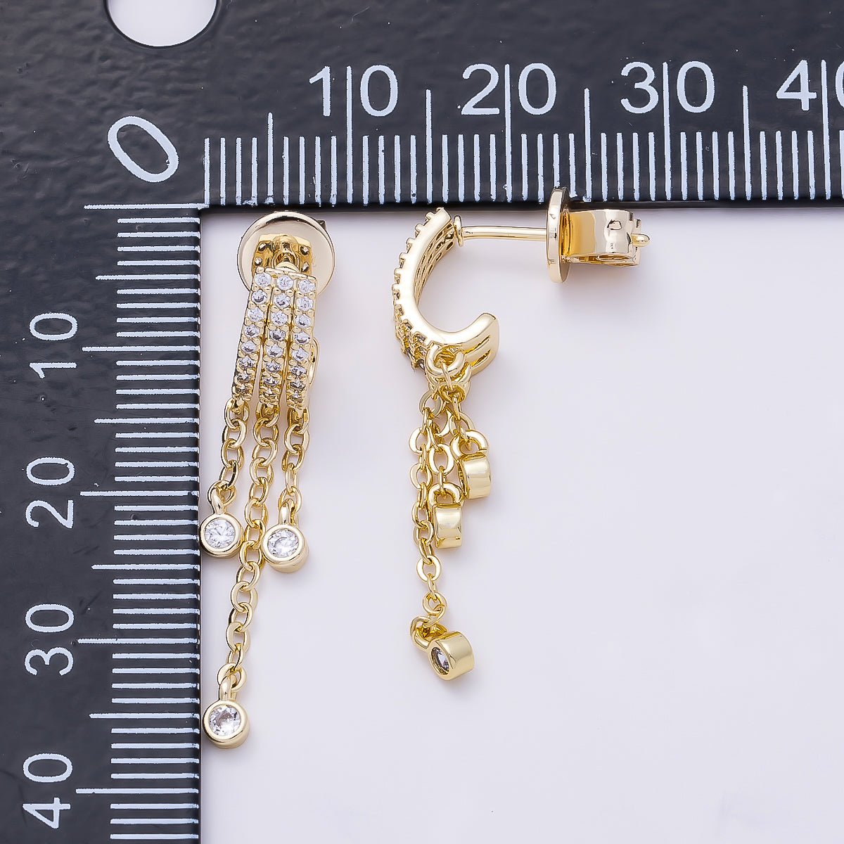 16K Gold Filled 35mm Micro Paved CZ Round Bezel Chain Drop J-Shaped Hoop | Earrings-00689 - DLUXCA