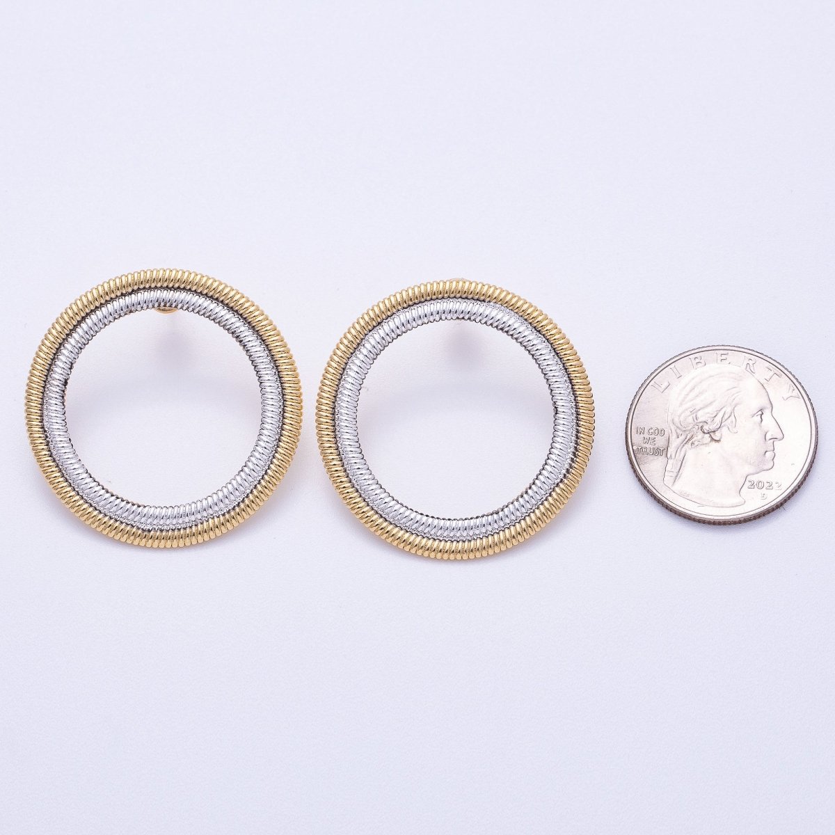 16K Gold Filled 35mm Mixed Metal Ribbed Double Open Round Stud Earrings | Earrings - 00320 - DLUXCA